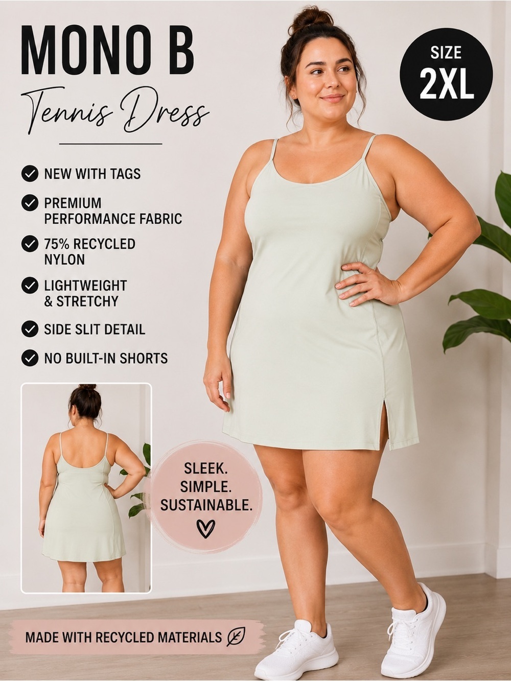 NWT Mono B Mint Green Tennis Dress Athletic Activewear 2XL plus size summer